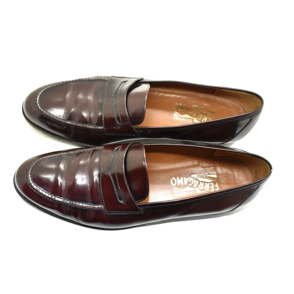 B0 Auth SALVATORE FERRAGAMO Deep Red Cherry Leather Penny Loafer Shoes Size 10D